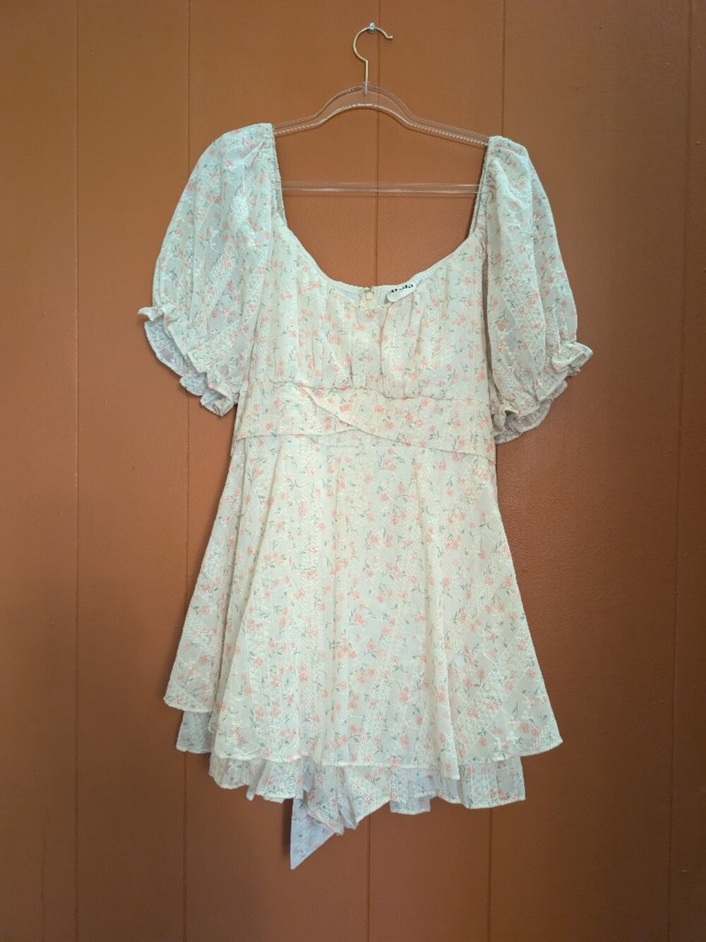 ARULA Floral Mini Dress 3X Cottagecore Puff Sleeve Lace Tie Back Romantic
